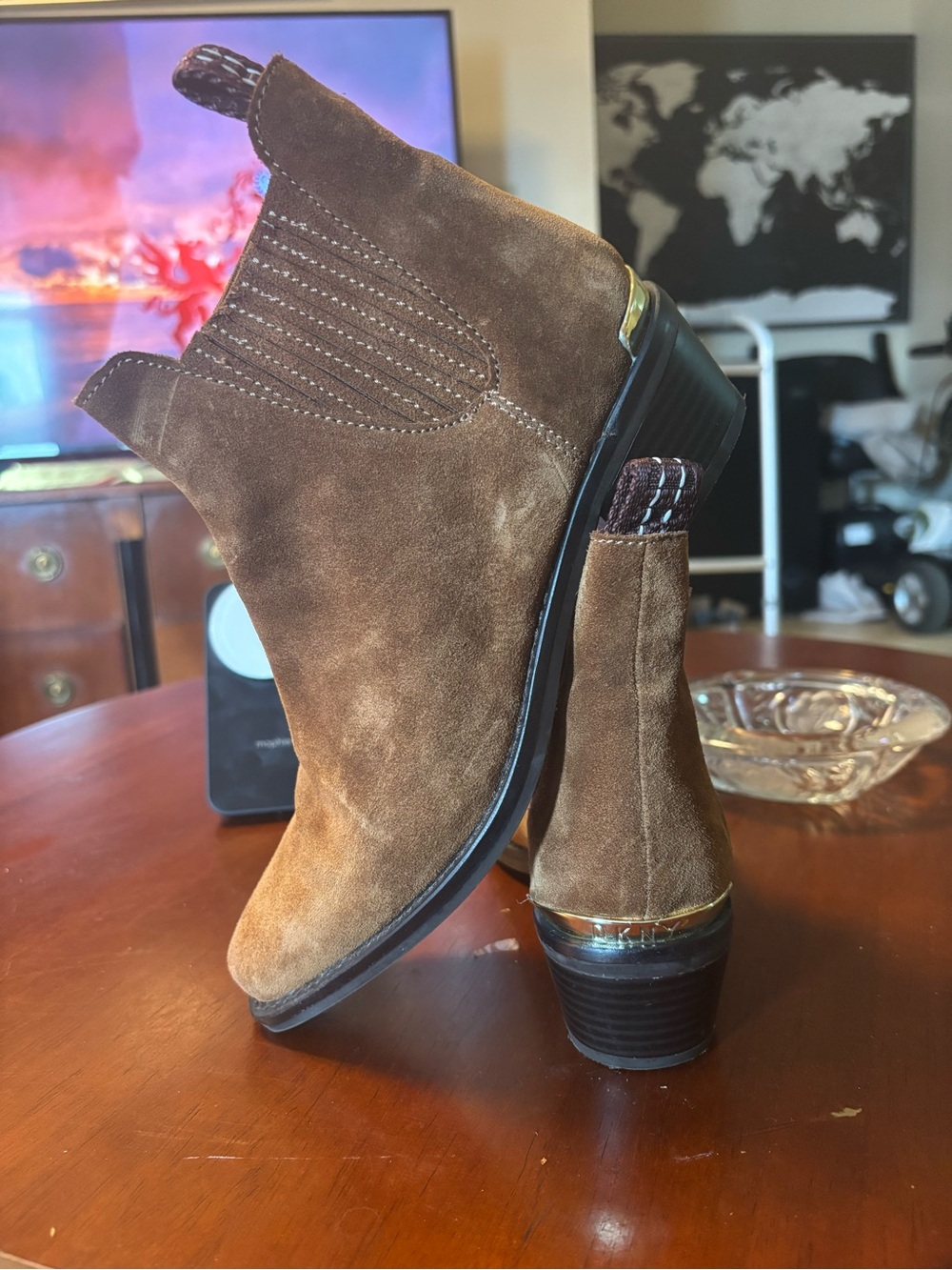 DKNY Brown Suede Chelsea Booties with Metallic Heel Accent